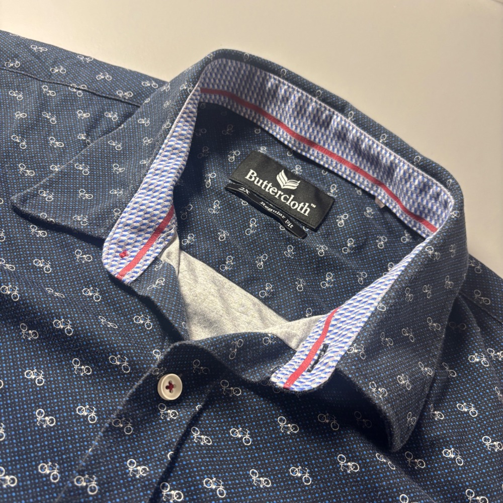 Buttercloth Men's 2XL Blue Bicycle Print Short Sleeve Button‎ Up Shirt